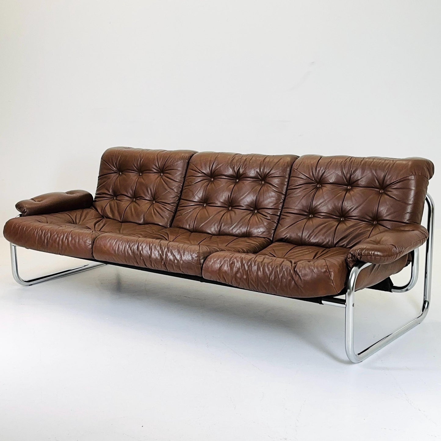 Mid century 3-Seater / tubular frame brown leather sofa "BORKUM" by Johan Bertil Häggström for Ikea 1970s