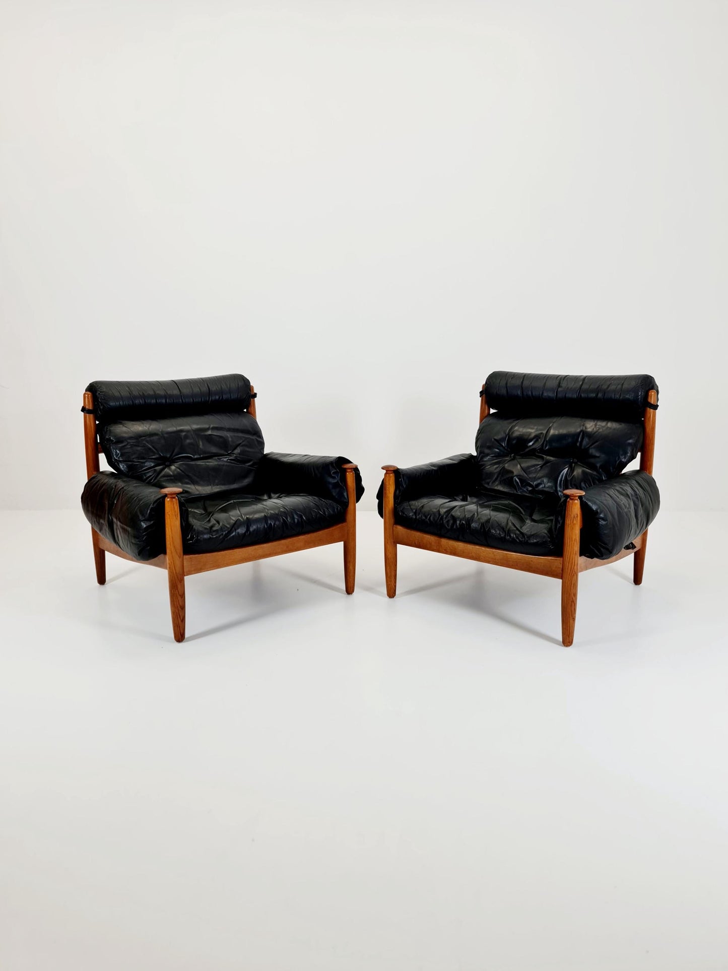 mid century armchairs By Eric Merthen for ire möbler in leather and Oak wood , Sweden 1960s