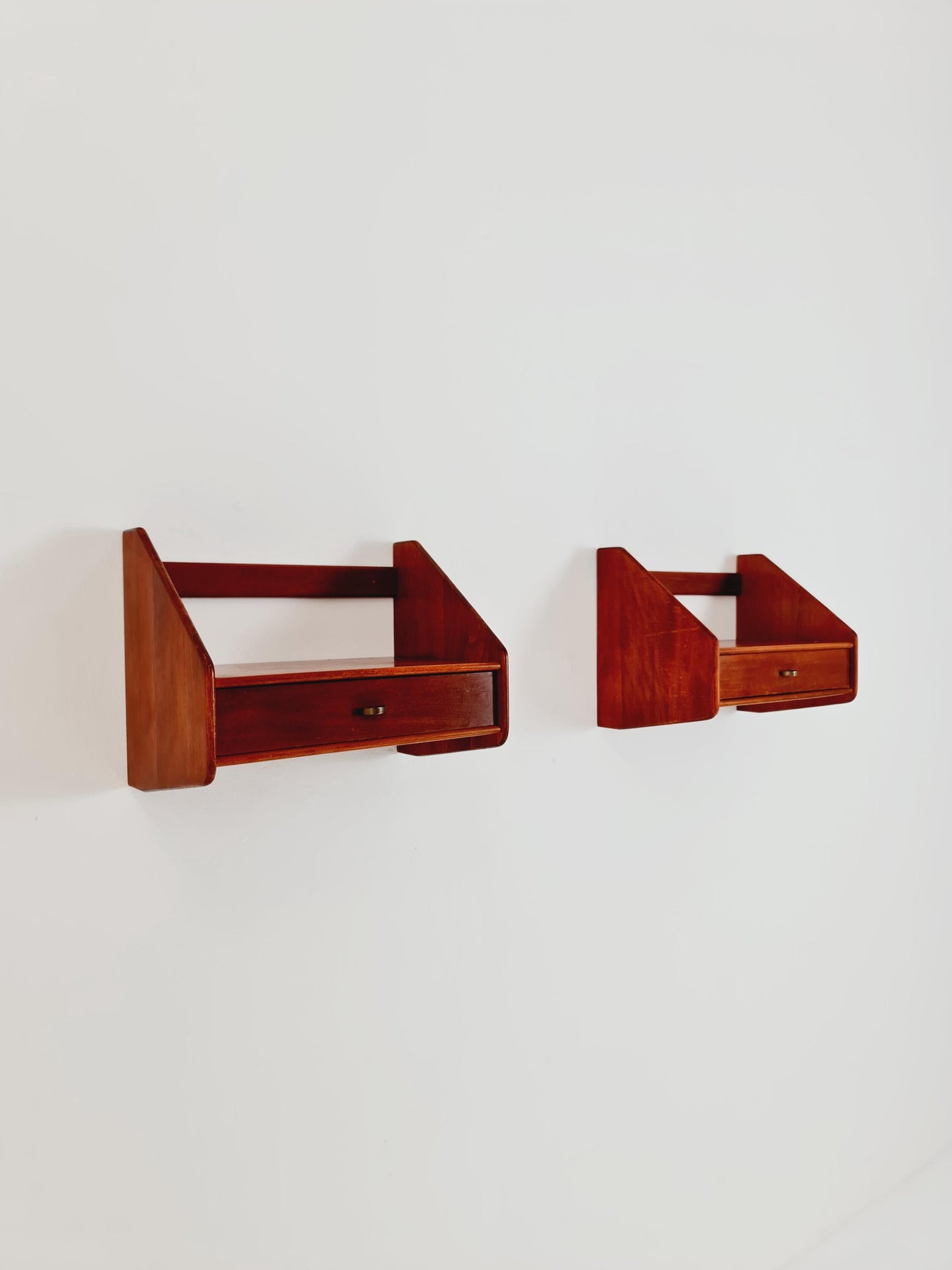 Pair Scandinavian string Mahogany hanging telephone table/ shelf/ bedside table/ nightstand from the 60s