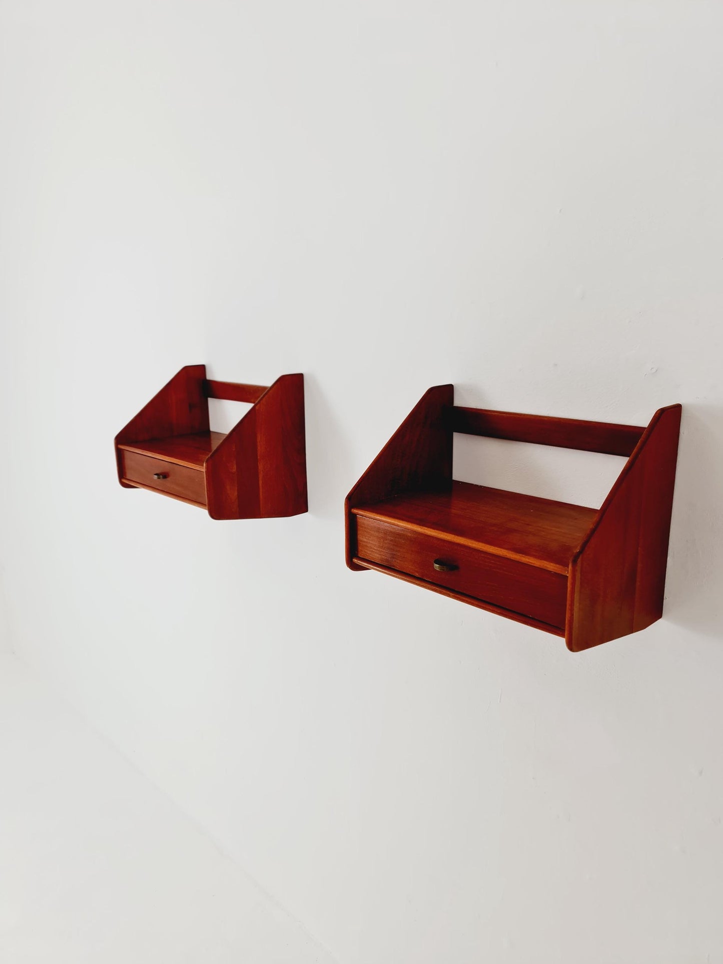 Pair Scandinavian string Mahogany hanging telephone table/ shelf/ bedside table/ nightstand from the 60s