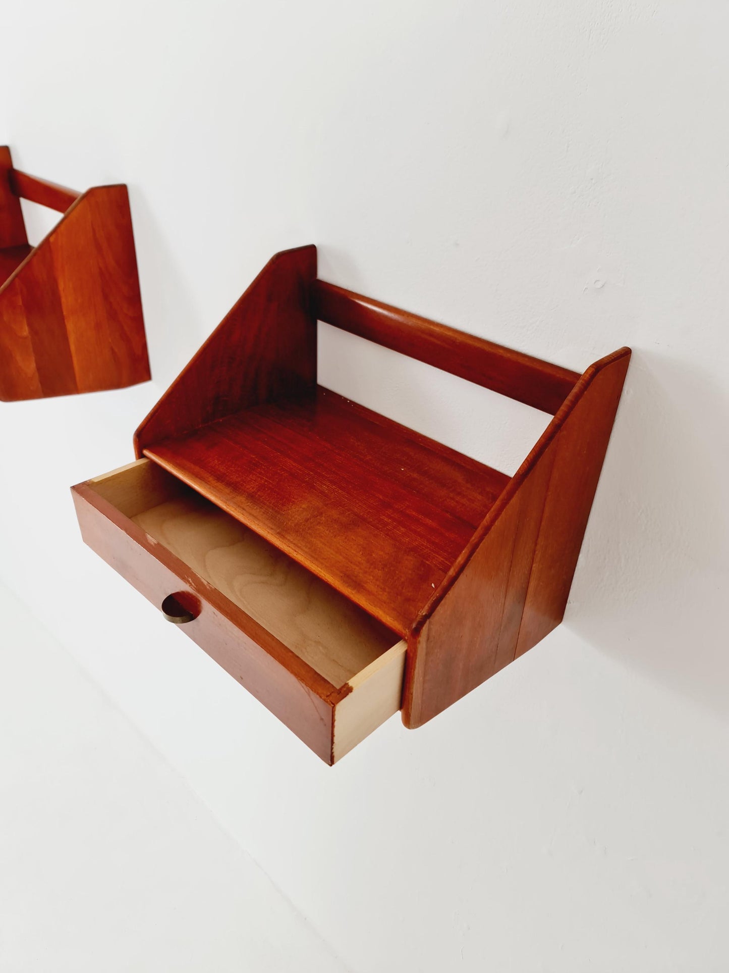 Pair Scandinavian string Mahogany hanging telephone table/ shelf/ bedside table/ nightstand from the 60s