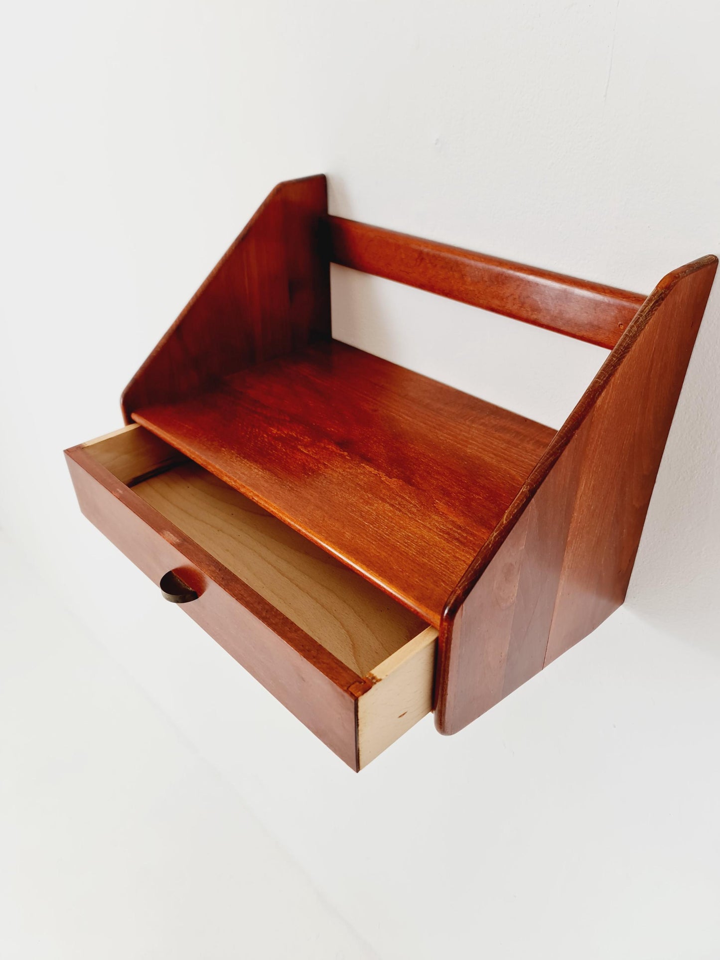 Pair Scandinavian string Mahogany hanging telephone table/ shelf/ bedside table/ nightstand from the 60s