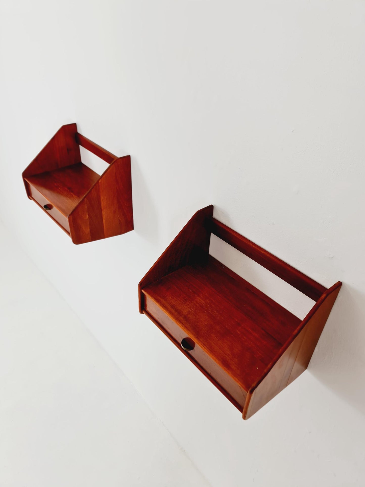 Pair Scandinavian string Mahogany hanging telephone table/ shelf/ bedside table/ nightstand from the 60s