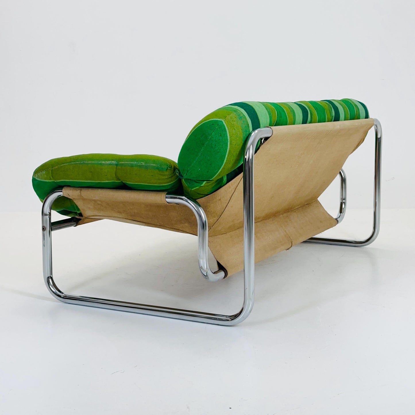 Mid century Postmodern Sofa by Johan Bertil Häggström for Swed Form – Green Striped Upholstery with Chrome Frame, 1974