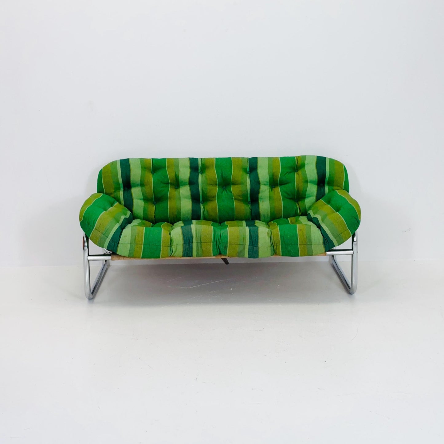 Mid century Postmodern Sofa by Johan Bertil Häggström for Swed Form – Green Striped Upholstery with Chrome Frame, 1974