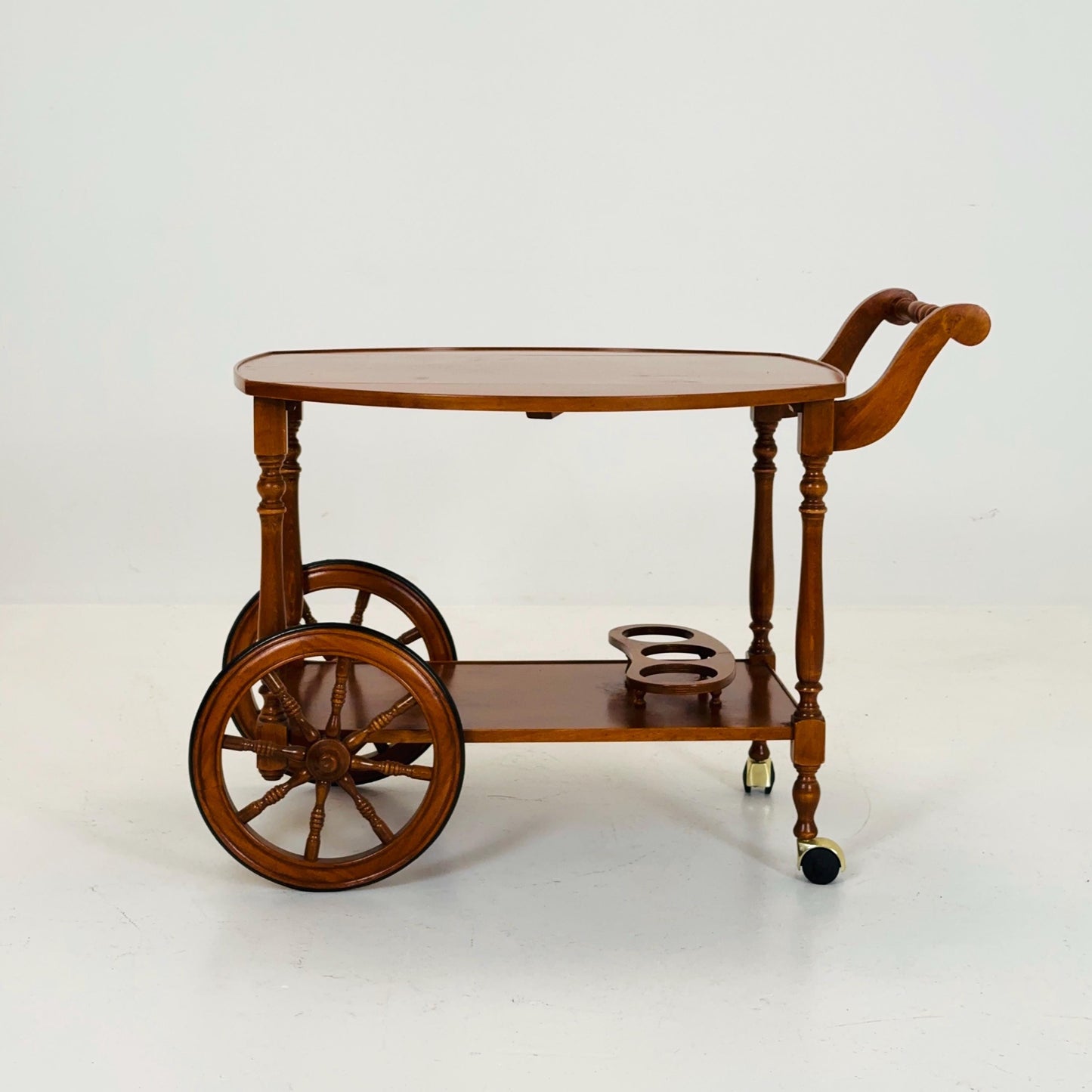 Vintage French Wooden Bar Cart with Drop-Leaf Sides and Rolling Wheels 1960s