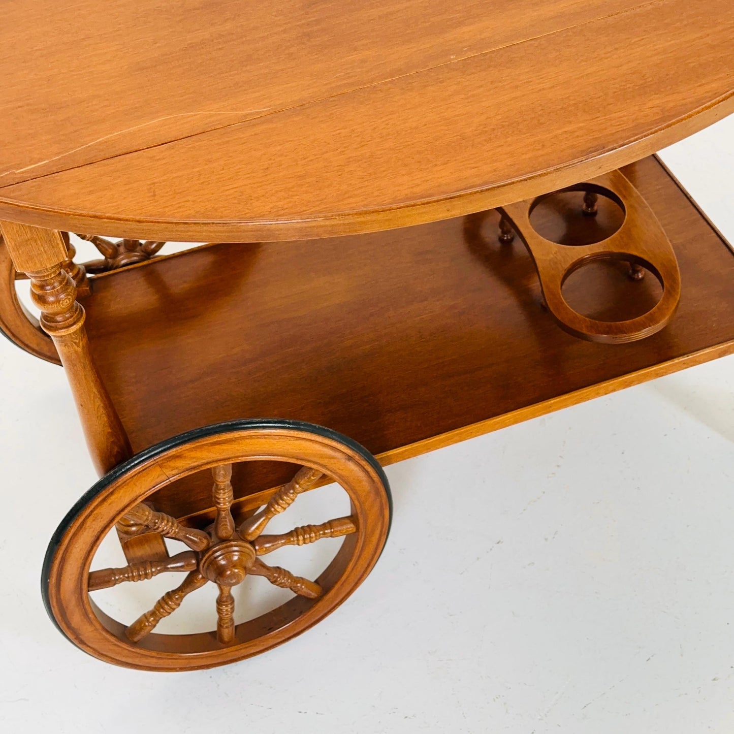 Vintage French Wooden Bar Cart with Drop-Leaf Sides and Rolling Wheels 1960s