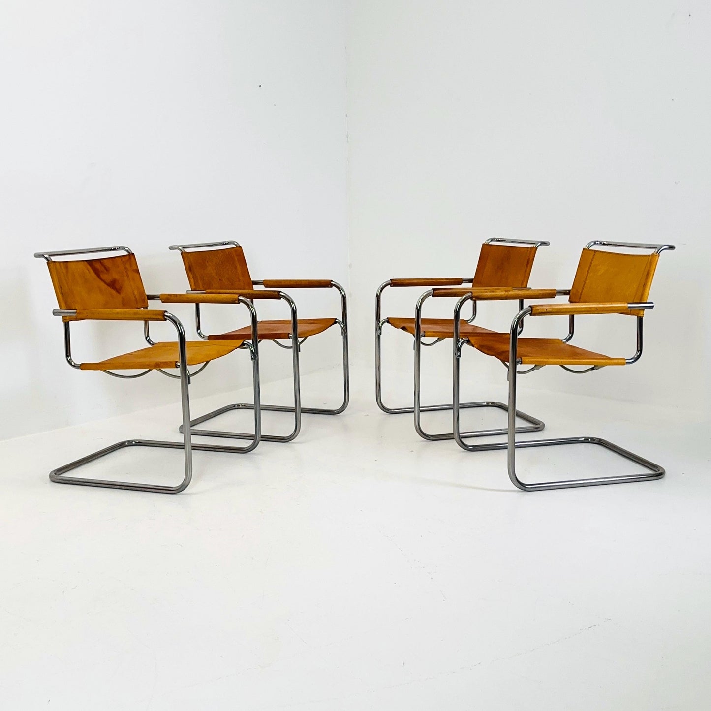 Set of 4 Cantilever Armchairs S34 in Cognac Leather for Mart Stam by Thonet, 1980s