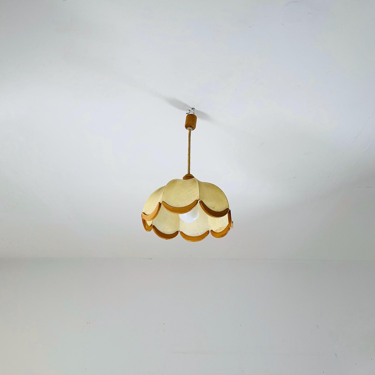Mid century Scalloped, cocoon style Pendant Lamp with Wooden Accents 1960s