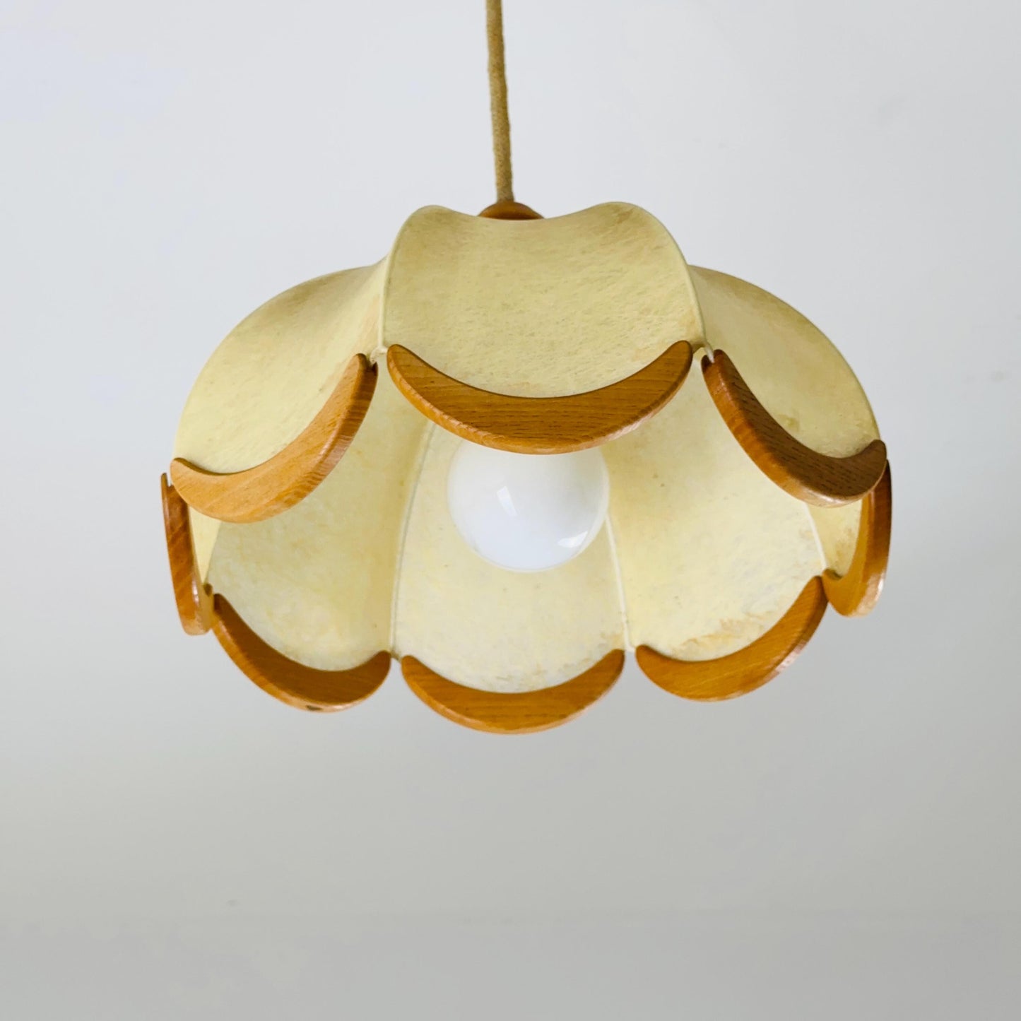 Mid century Scalloped, cocoon style Pendant Lamp with Wooden Accents 1960s