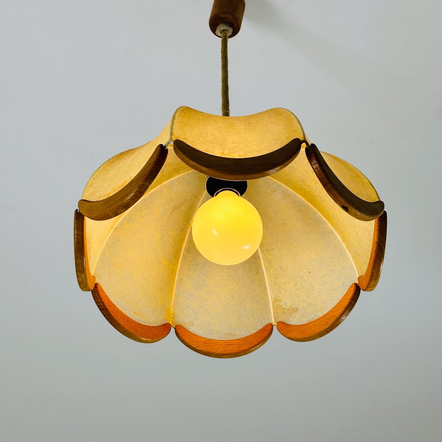 Mid century Scalloped, cocoon style Pendant Lamp with Wooden Accents 1960s