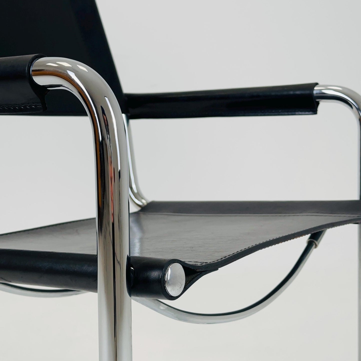 1 of 2 vintage B34 dark black color leather cantilevered chairs by Mart Stam for Jox Interni Italy 1980s