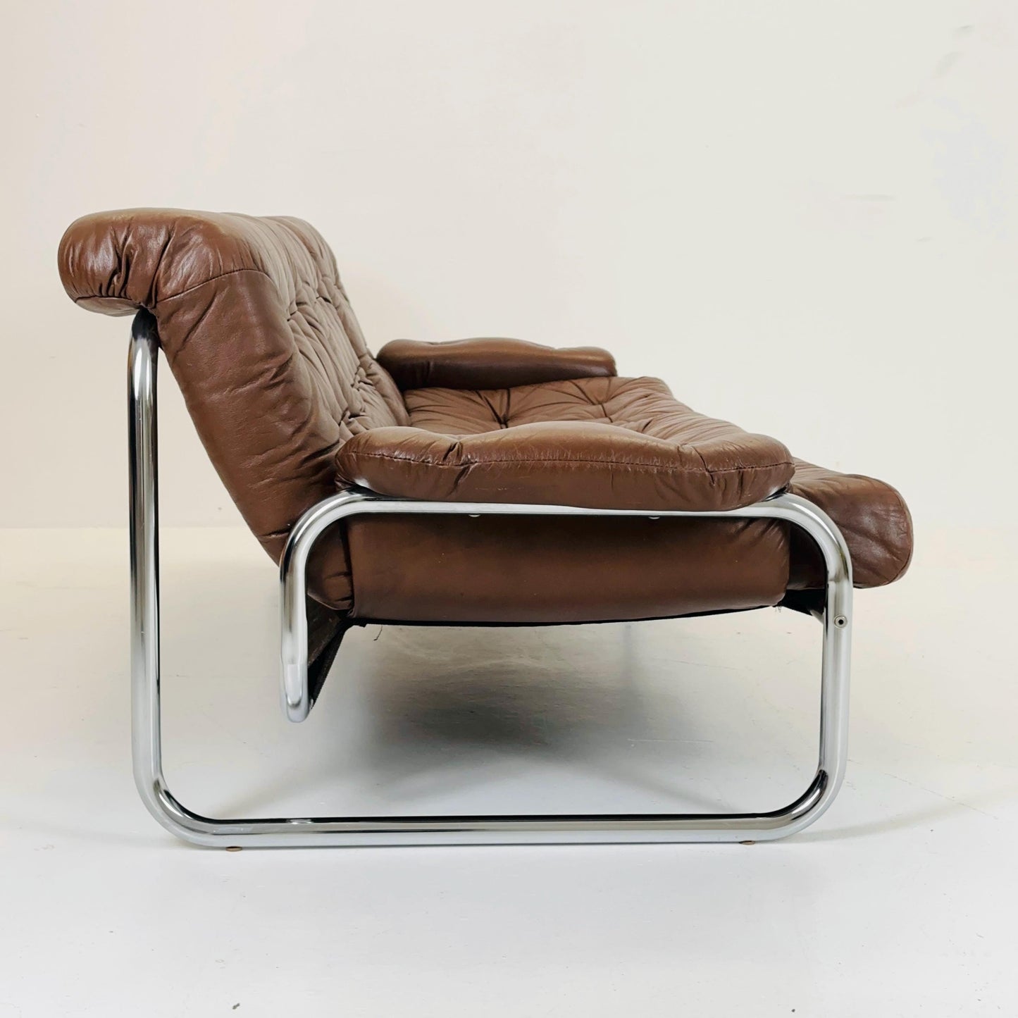 Mid century 3-Seater / tubular frame brown leather sofa "BORKUM" by Johan Bertil Häggström for Ikea 1970s