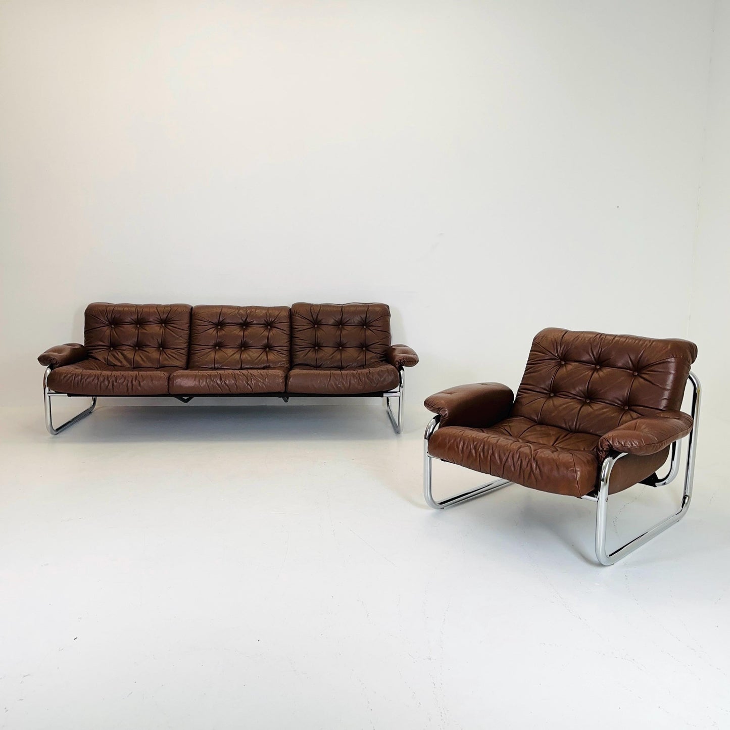 Mid century 3-Seater / tubular frame brown leather sofa "BORKUM" by Johan Bertil Häggström for Ikea 1970s