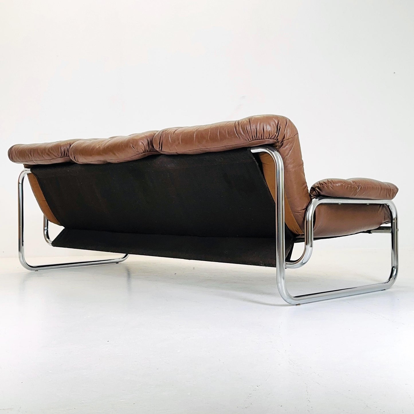 Mid century 3-Seater / tubular frame brown leather sofa "BORKUM" by Johan Bertil Häggström for Ikea 1970s