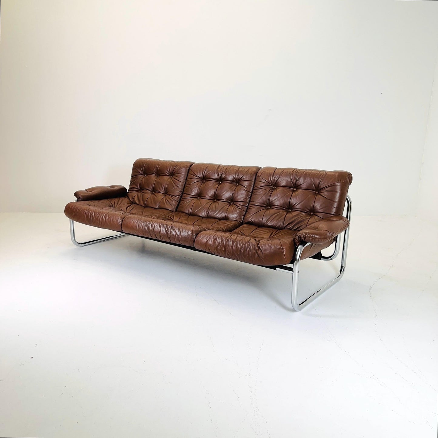 Mid century 3-Seater / tubular frame brown leather sofa "BORKUM" by Johan Bertil Häggström for Ikea 1970s