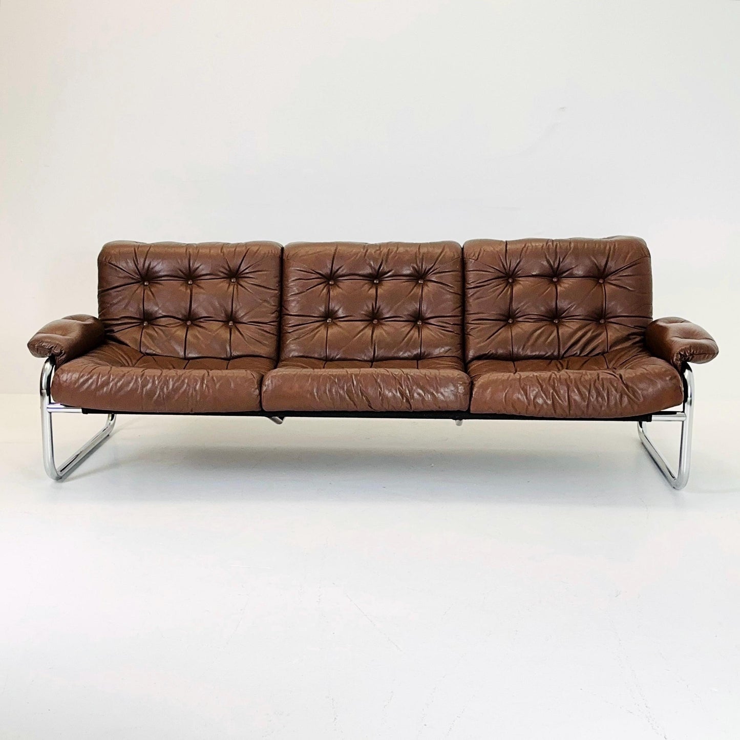 Mid century 3-Seater / tubular frame brown leather sofa "BORKUM" by Johan Bertil Häggström for Ikea 1970s