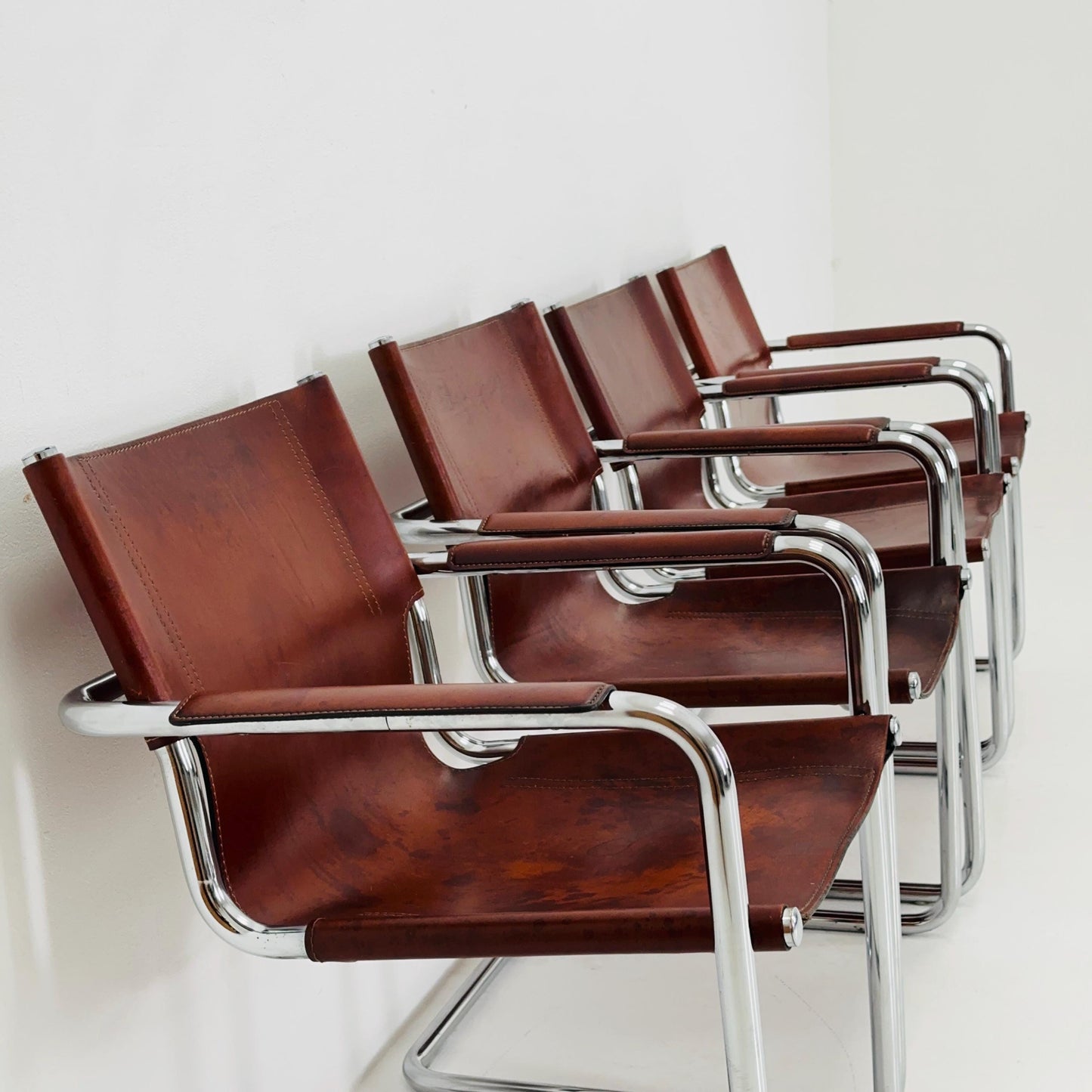 set of 4 Matteo Grassi original Bauhaus design Visitor model Chair dark cognac Leather 1970s Italy