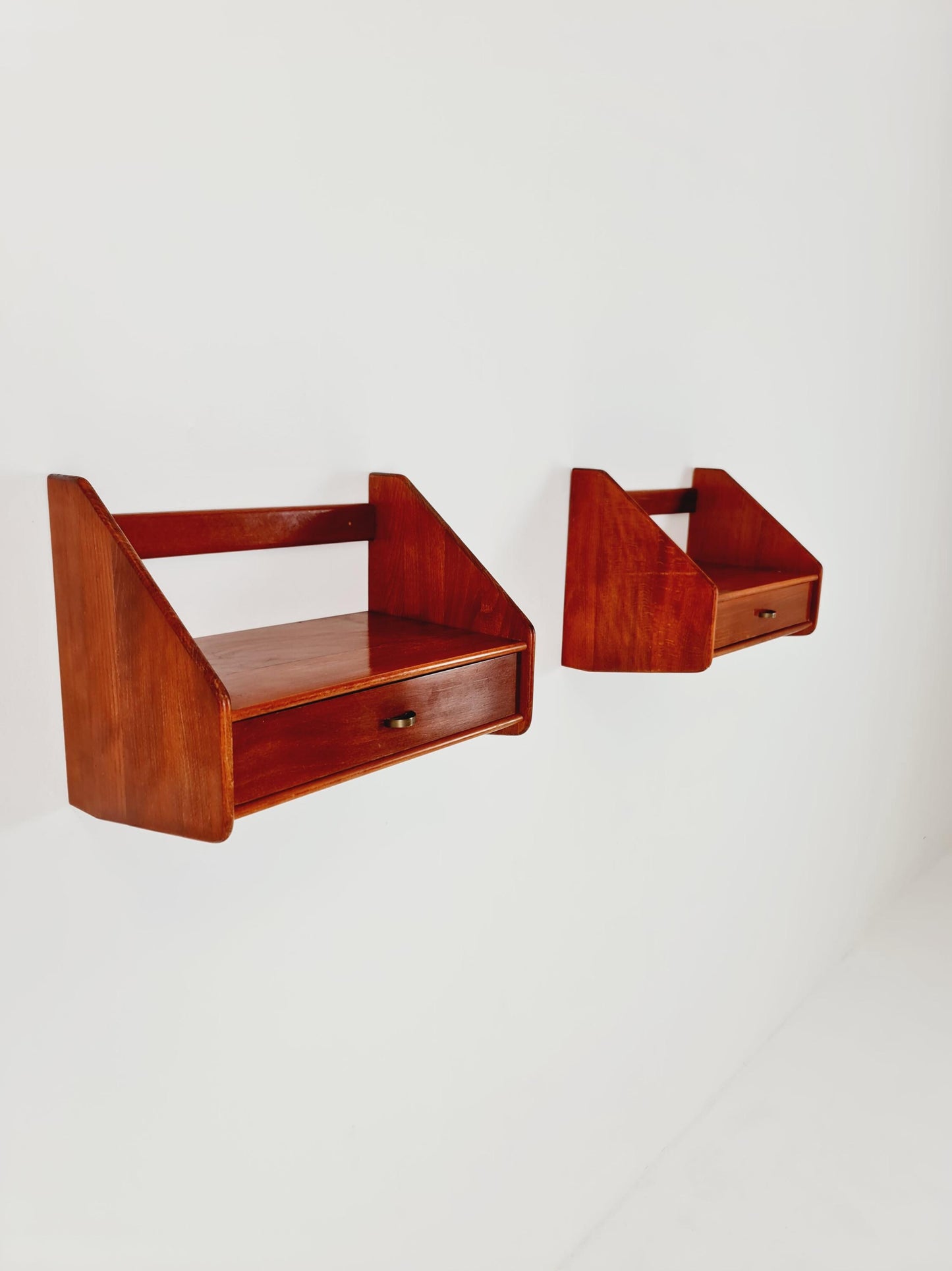 Pair Scandinavian string Mahogany hanging telephone table/ shelf/ bedside table/ nightstand from the 60s