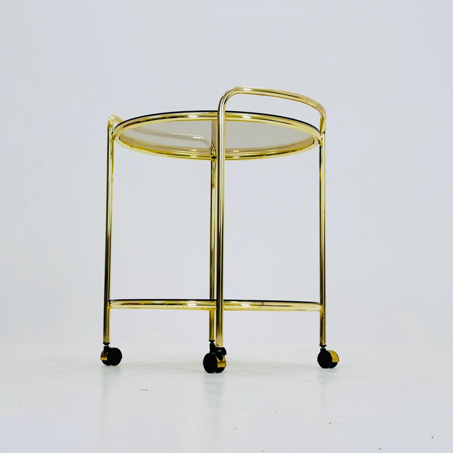 Mid Century Modern Bar/ Tea Cart Gold/Brass smoked Glass France 1970s .
