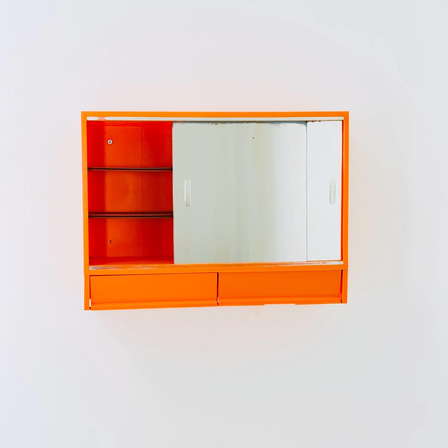 Vintage Space Age Orange Medical Cabinet with Mirror Sliding Door , Retro 1970s Germany