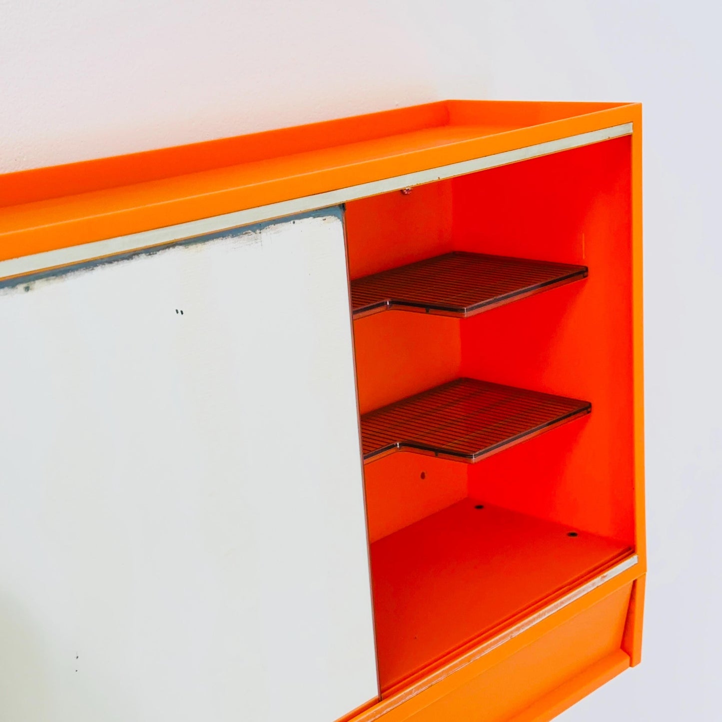 Vintage Space Age Orange Medical Cabinet with Mirror Sliding Door , Retro 1970s Germany