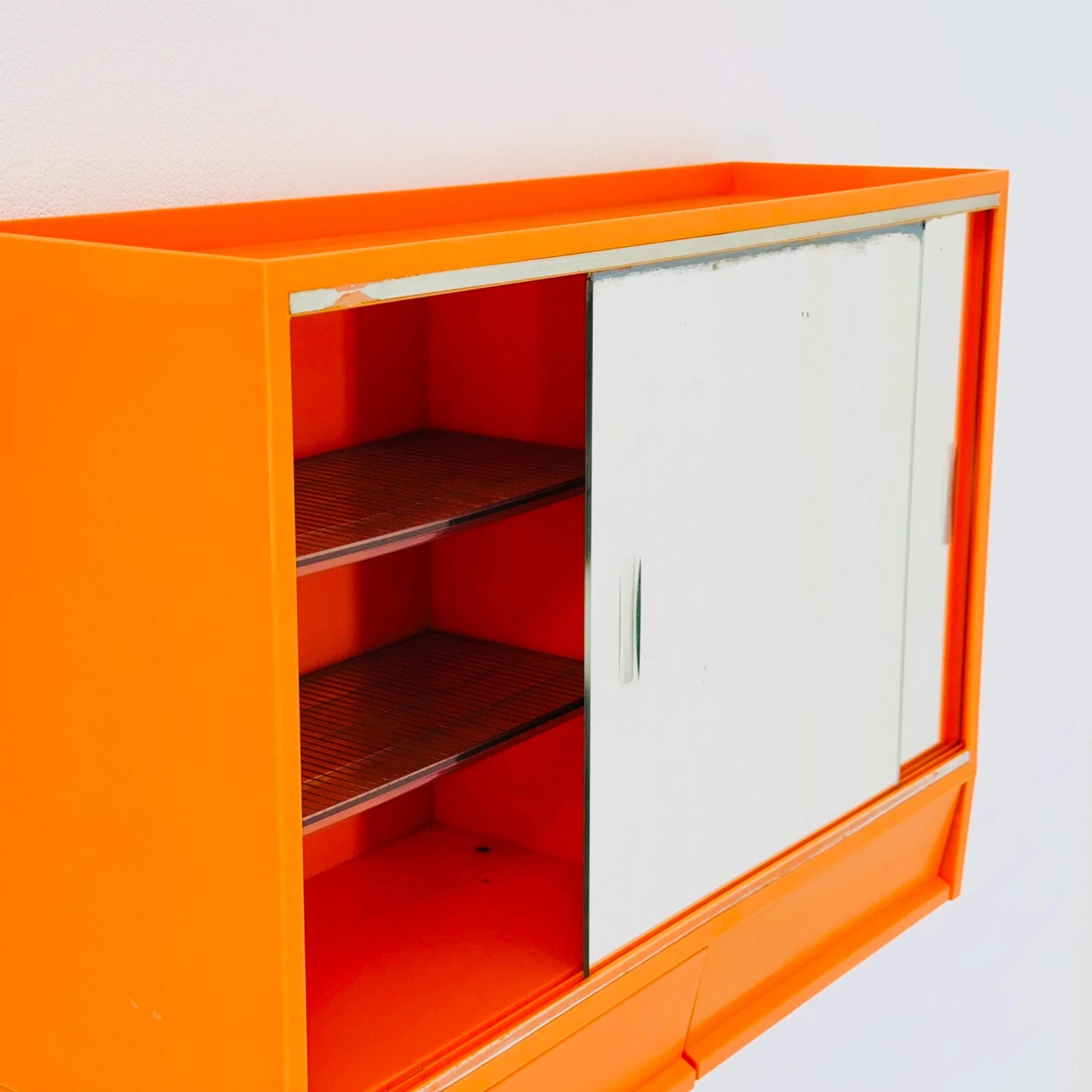 Vintage Space Age Orange Medical Cabinet with Mirror Sliding Door , Retro 1970s Germany