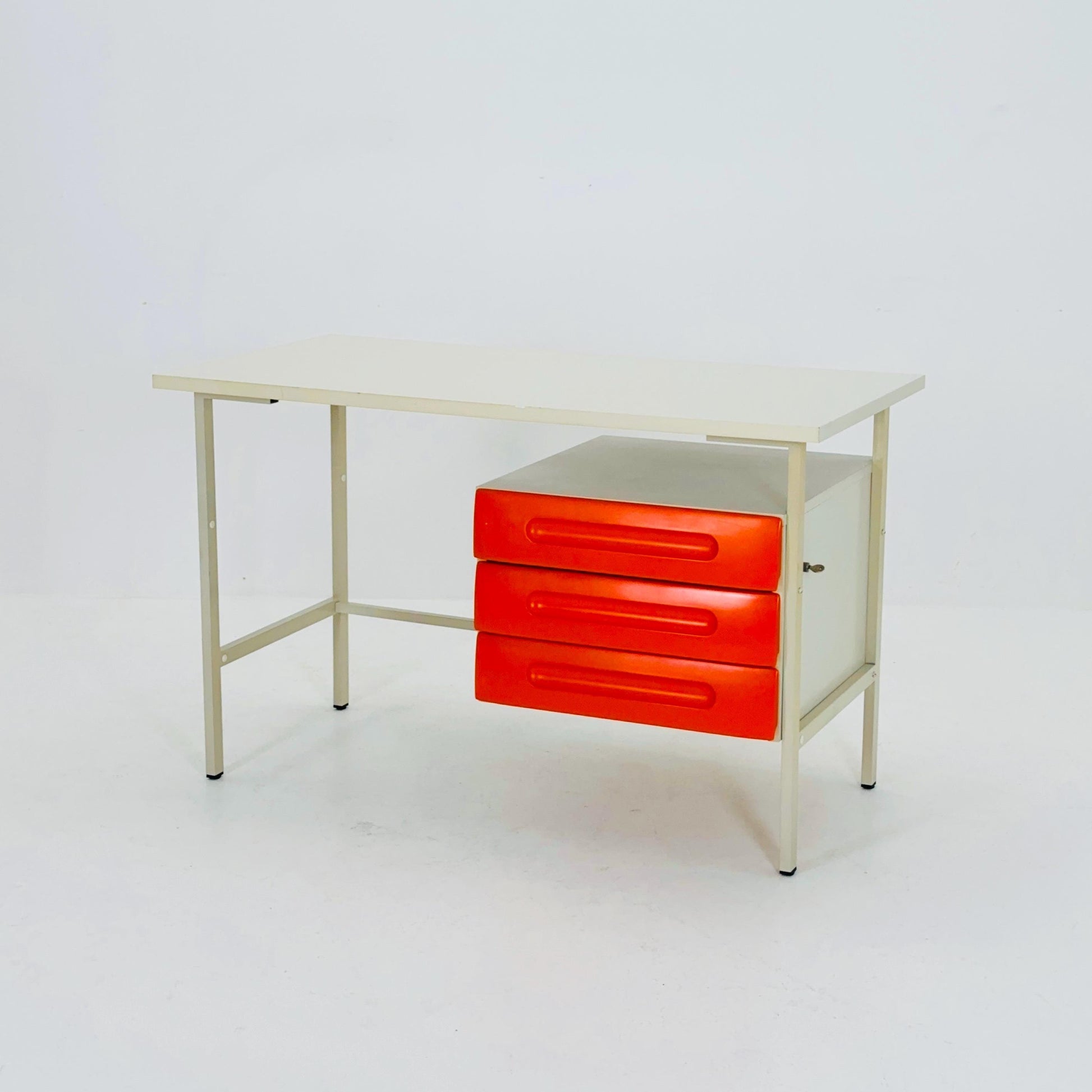 Mid-Century Space Age Desk White & Orange Drawers | Schönbuch Germany 1970s