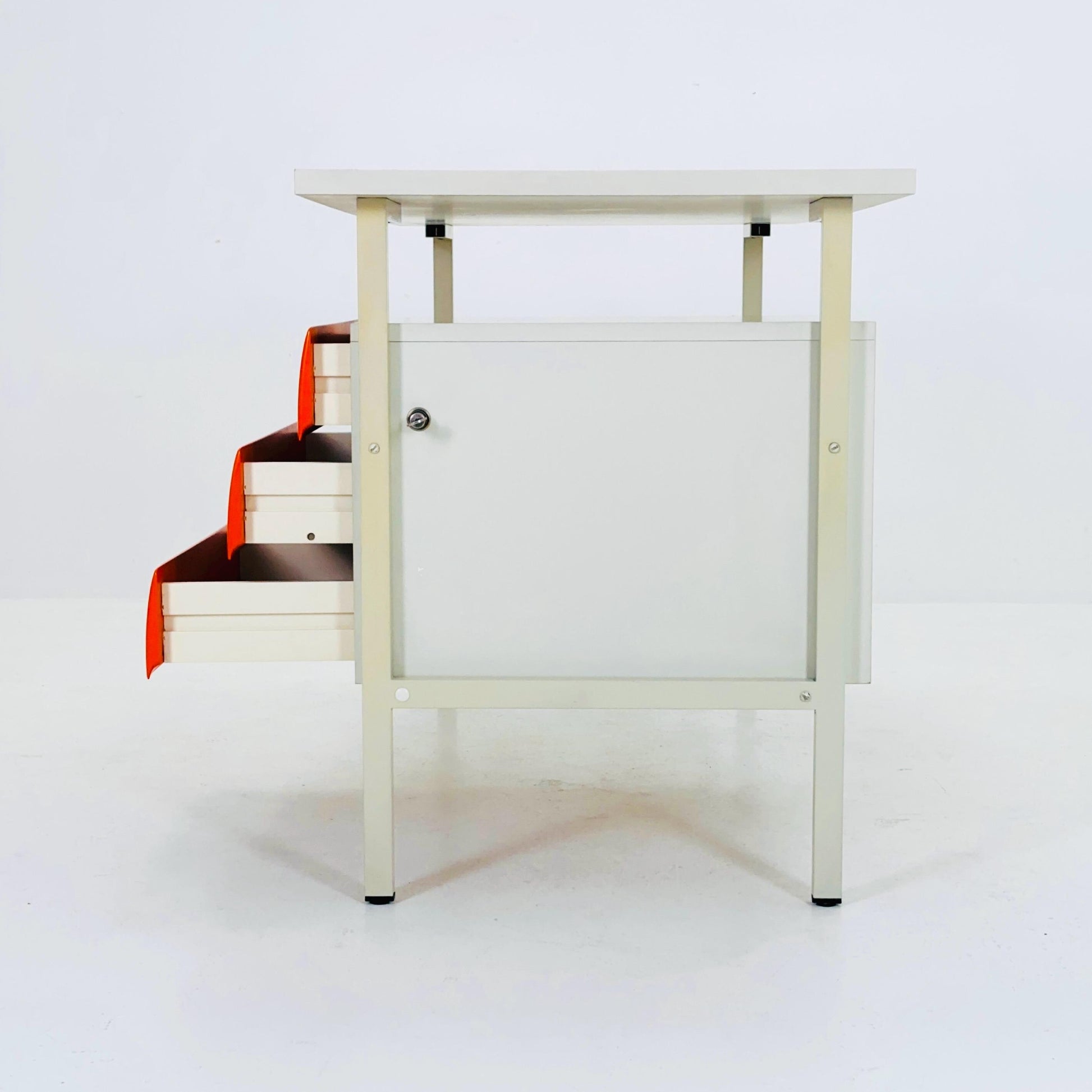 Mid-Century Space Age Desk White & Orange Drawers | Schönbuch Germany 1970s