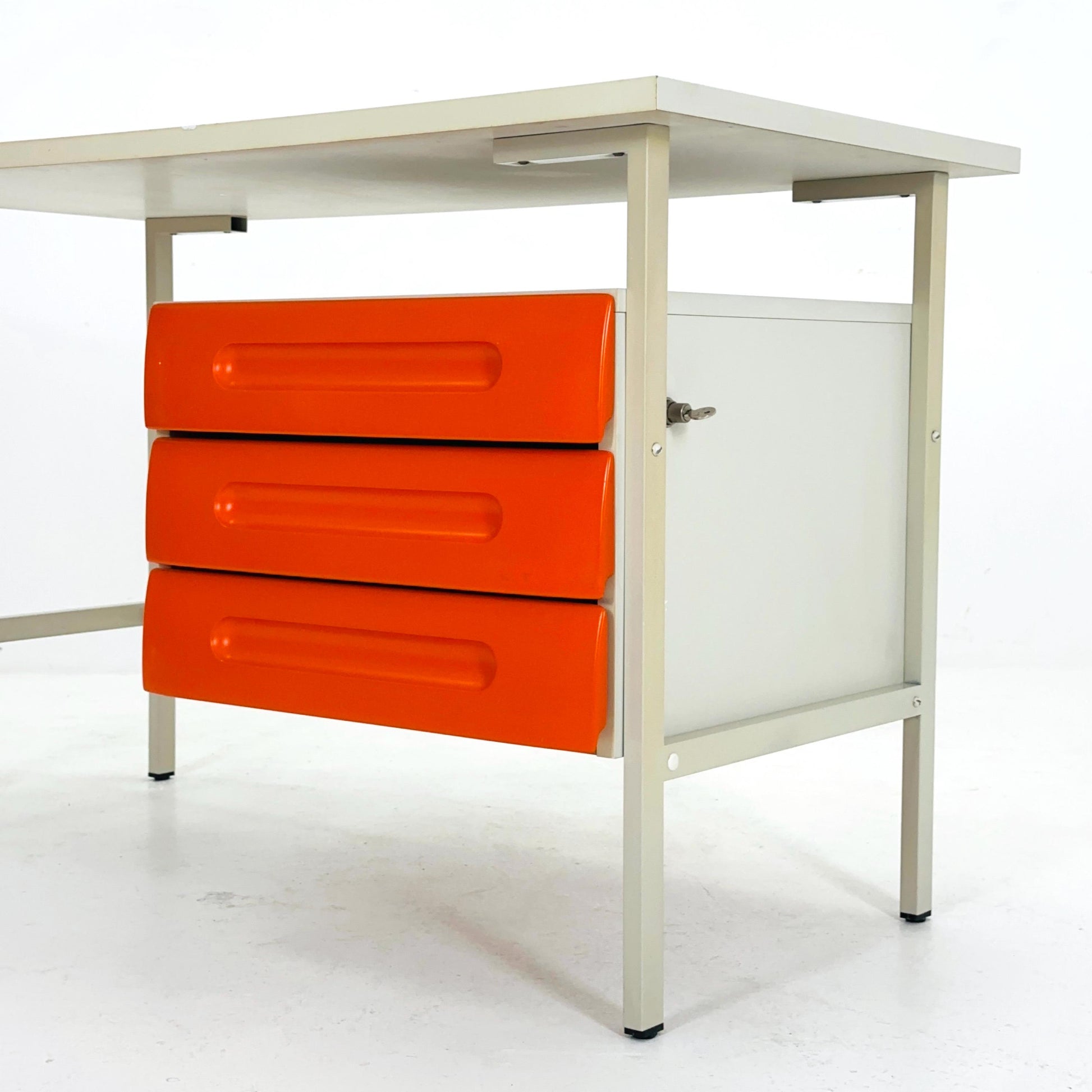 Mid-Century Space Age Desk White & Orange Drawers | Schönbuch Germany 1970s