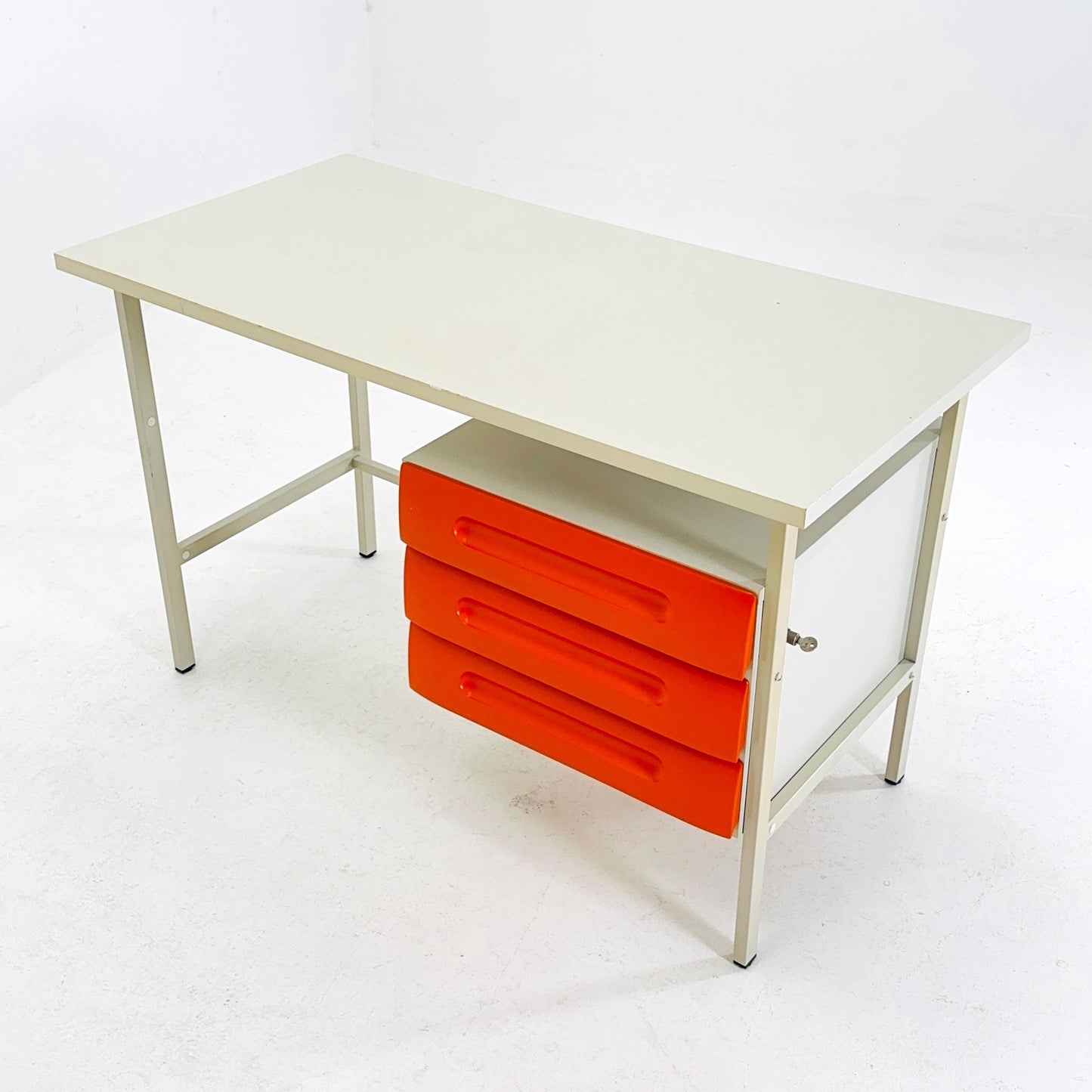 Mid-Century Space Age Desk White & Orange Drawers | Schönbuch Germany 1970s