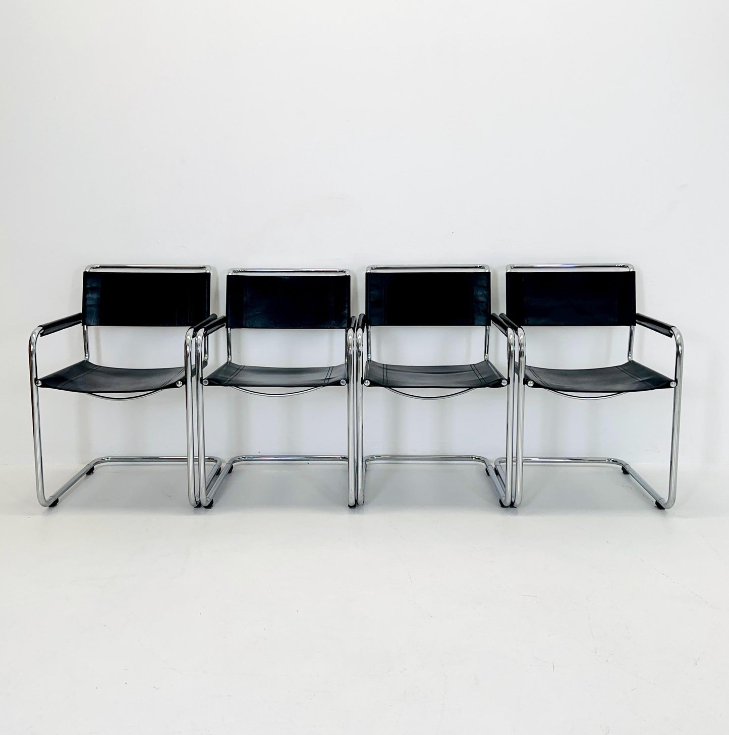 Set of 4 Mid Century S34 armchairs black leather by Mart Stam for Italia Mobilia 1980s
