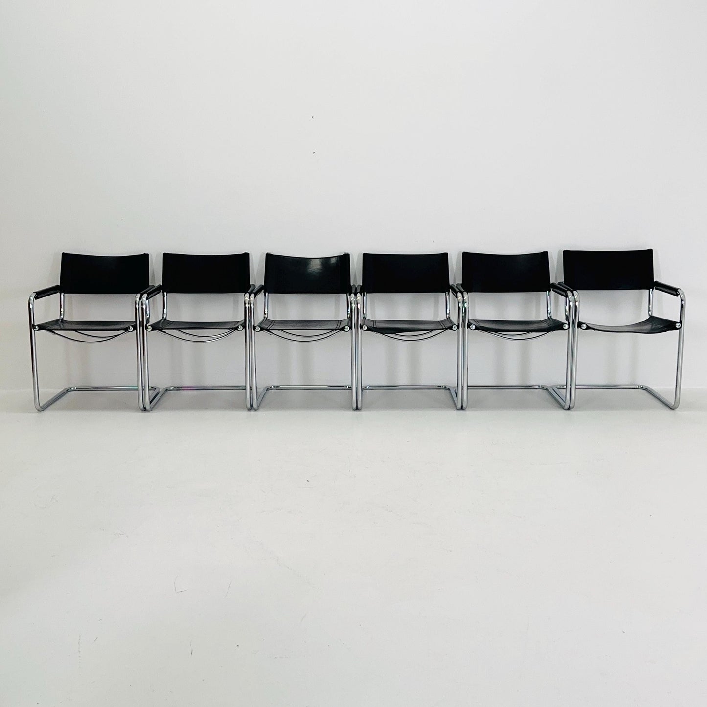 Set of 6 Mid century B34 Matteo Grassi Mg5 black leather cantilever chairs by Mart Stam italy 1980s
