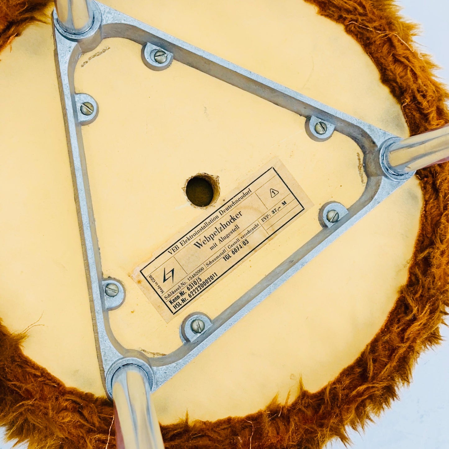 Mid-Century Plush Tripod Stool by VEB Elektroinstallation Deutschneudorf, 1960s Germany
