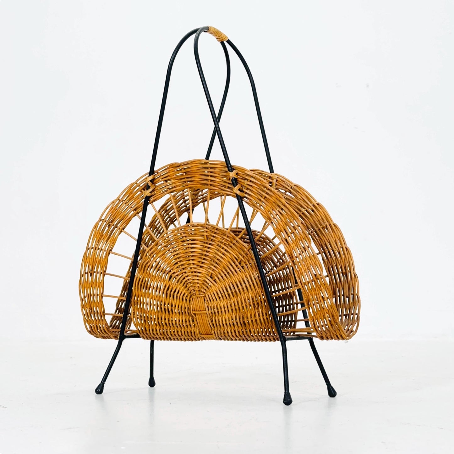 Vintage Woven Wicker Magazine Rack - Mid-Century Modern Storage Organizer - Rustic Boho Germany 1960s