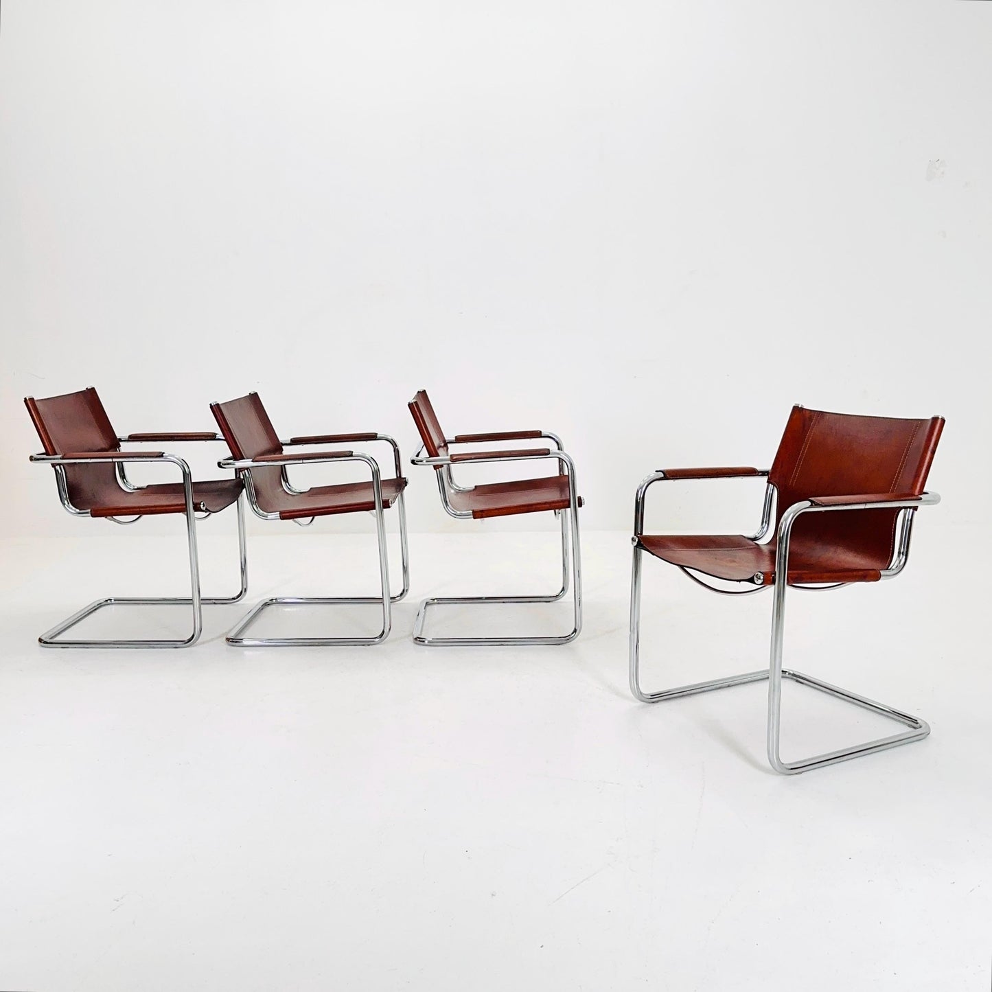 set of 4 Matteo Grassi original Bauhaus design Visitor model Chair dark cognac Leather 1970s Italy