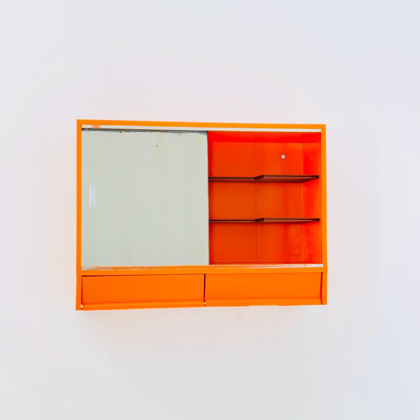 Vintage Space Age Orange Medical Cabinet with Mirror Sliding Door , Retro 1970s Germany