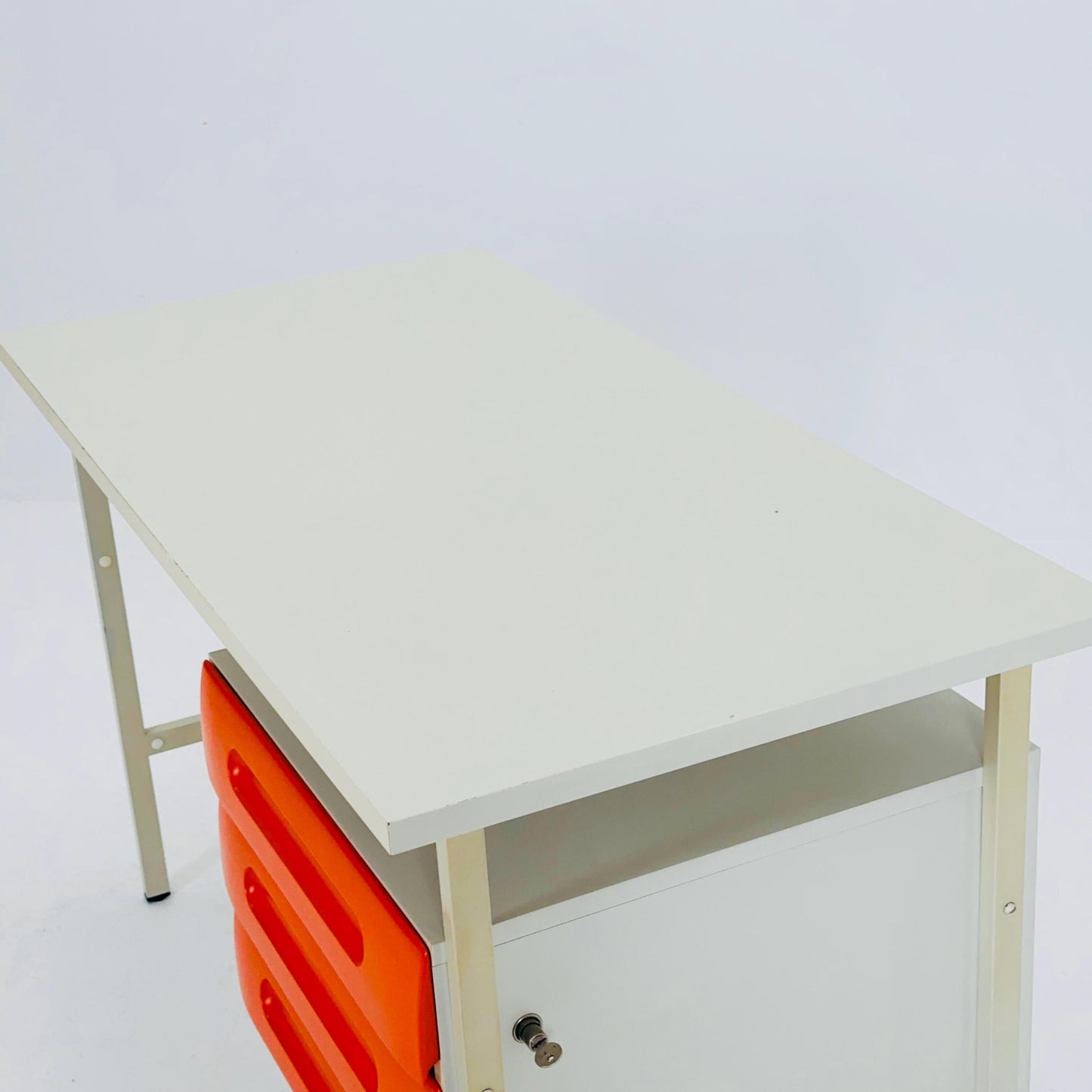 Mid-Century Space Age Desk White & Orange Drawers | Schönbuch Germany 1970s