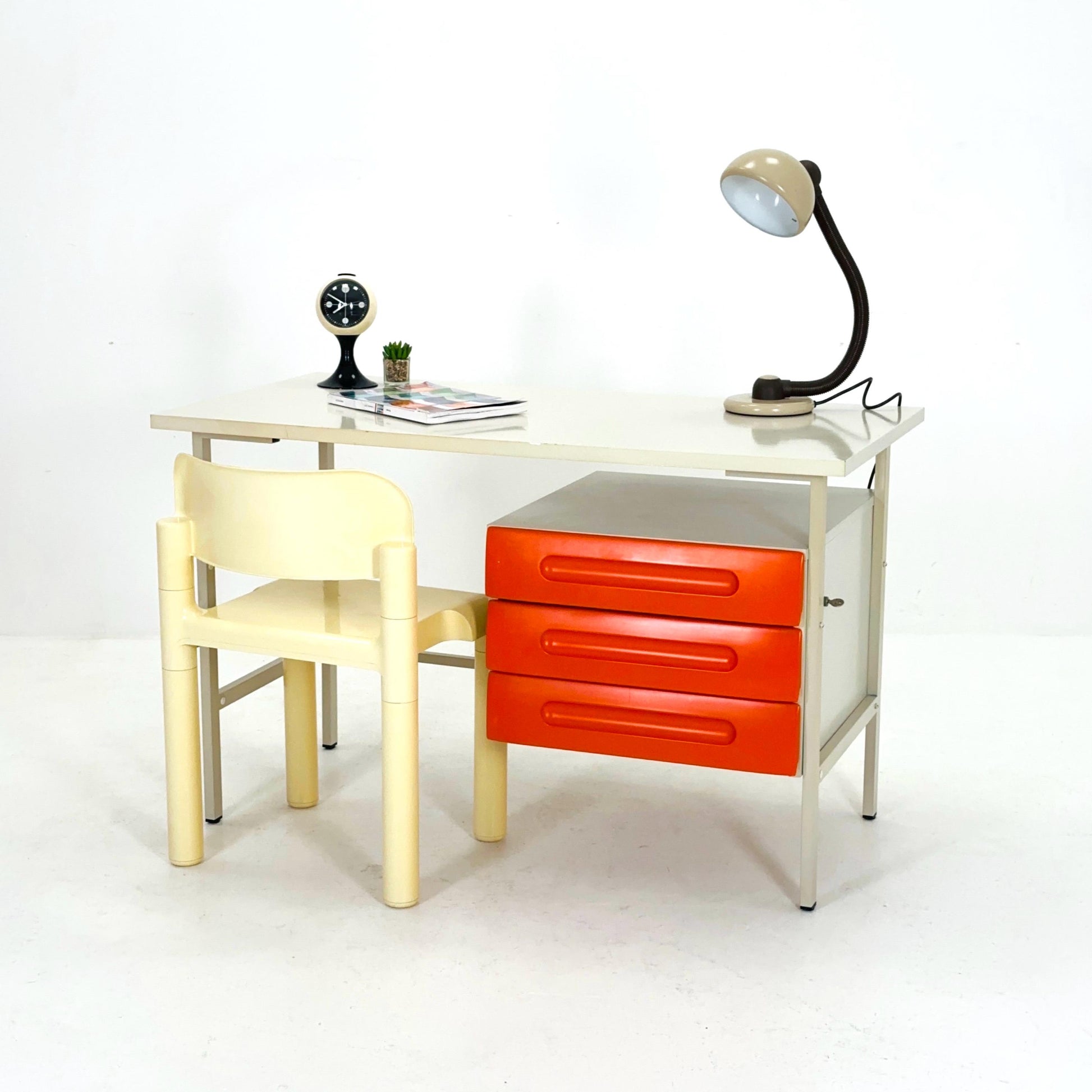 Mid-Century Space Age Desk White & Orange Drawers | Schönbuch Germany 1970s