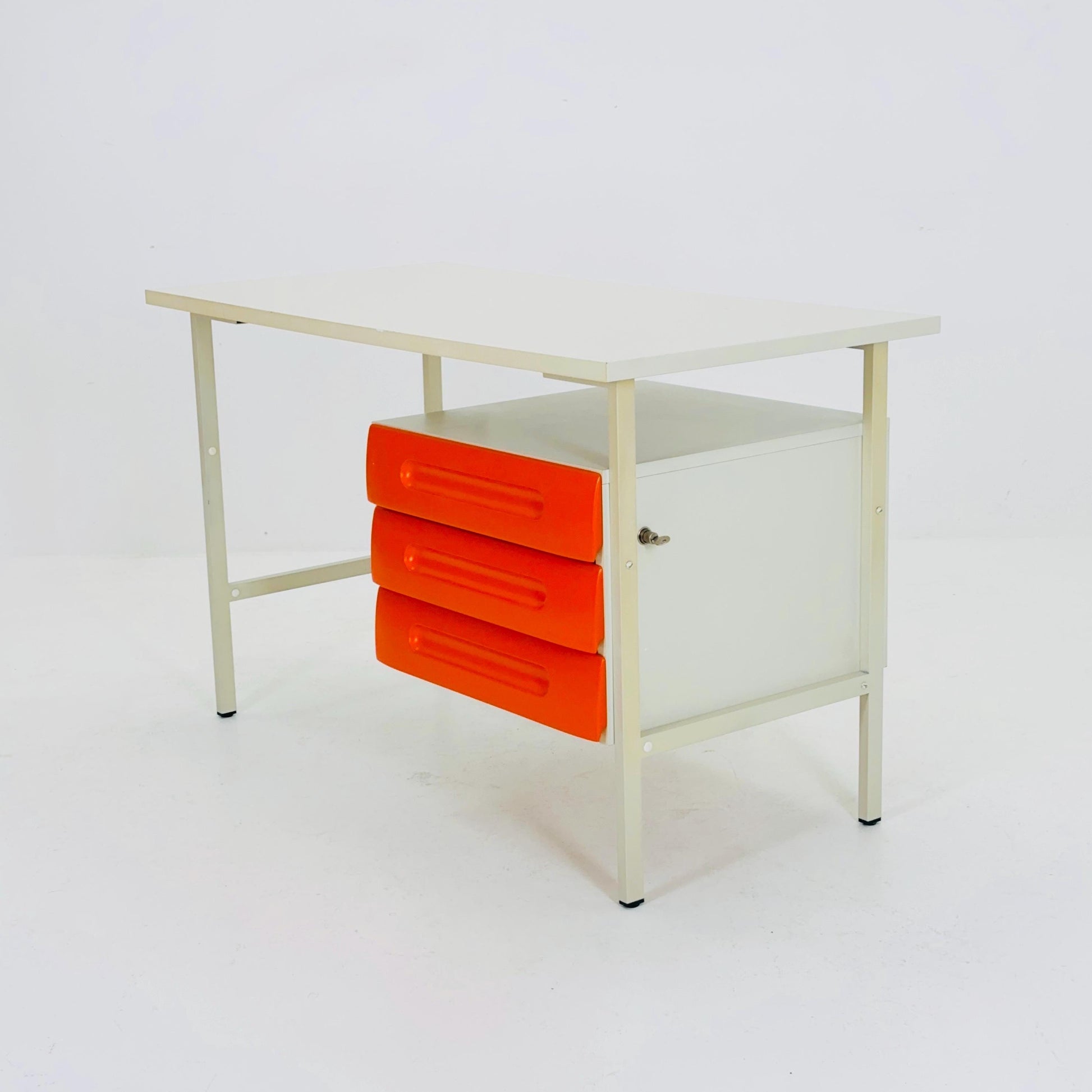 Mid-Century Space Age Desk White & Orange Drawers | Schönbuch Germany 1970s