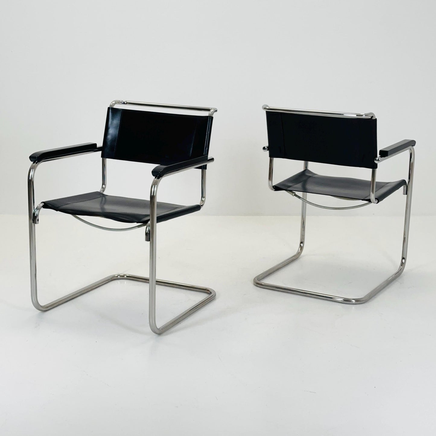 Set of 2 Bauhaus black leather iconic armchairs by mart Stam for Thonet 1980s