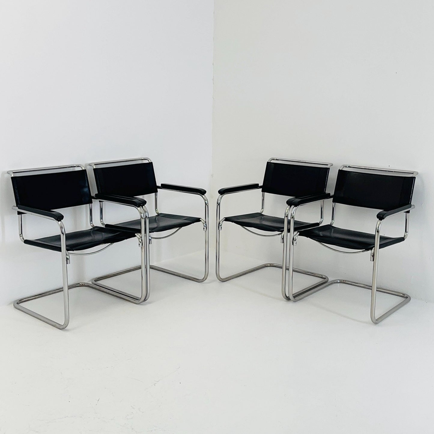 Set of 4 Bauhaus black leather iconic armchairs by mart Stam for Thonet 1980s