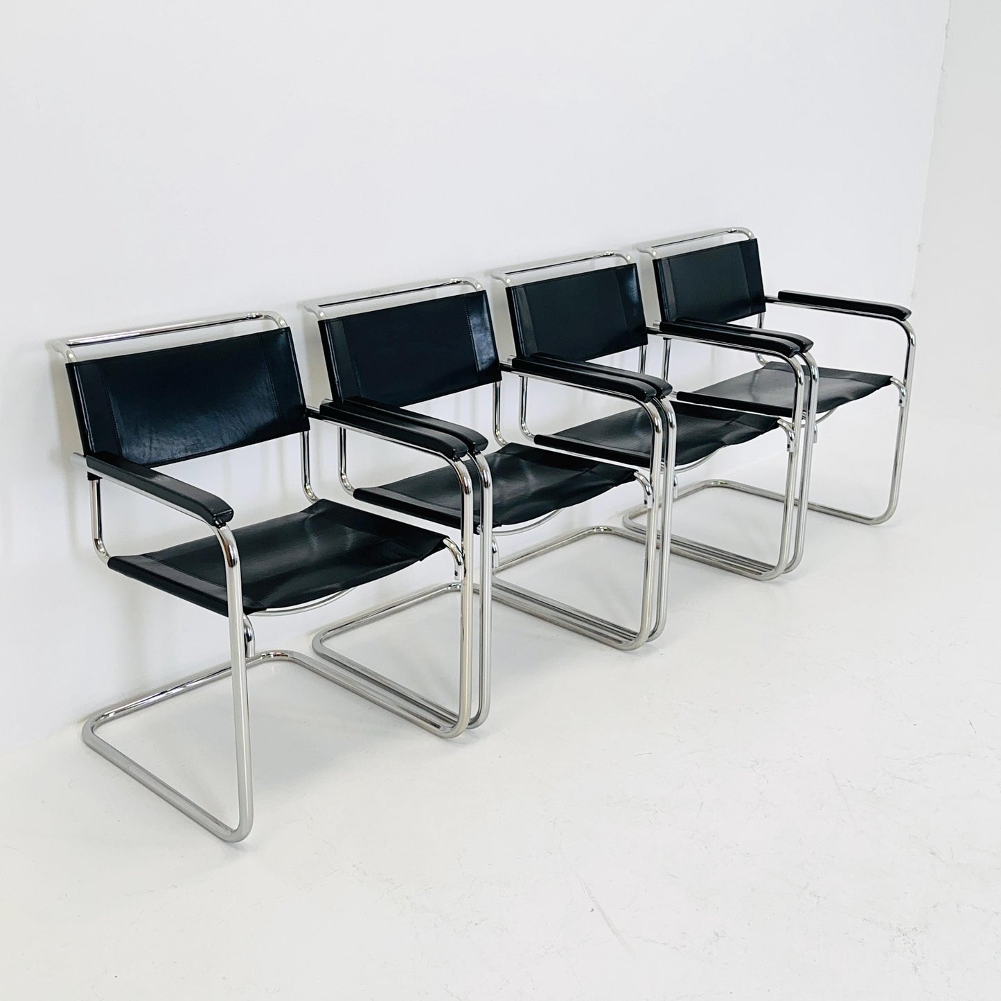 Set of 4 Bauhaus black leather iconic armchairs by mart Stam for Thonet 1980s