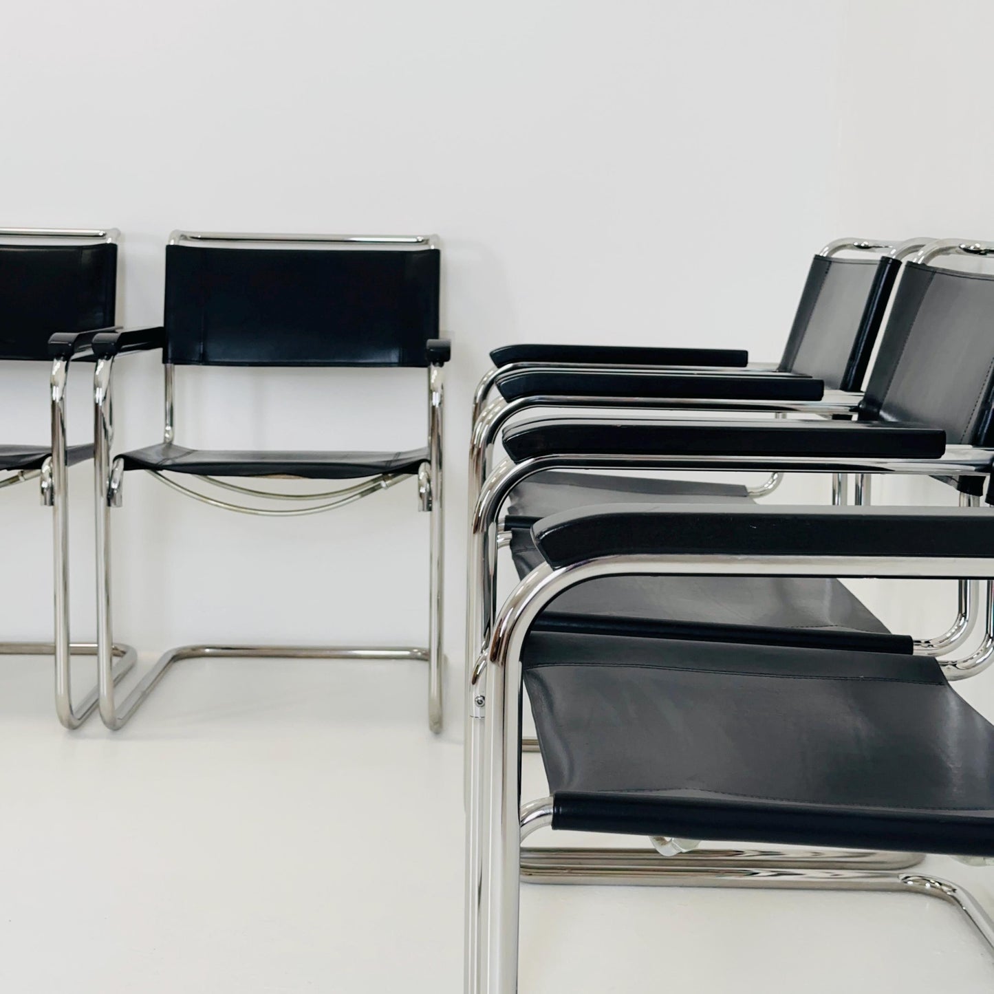 Set of 4 Bauhaus black leather iconic armchairs by mart Stam for Thonet 1980s