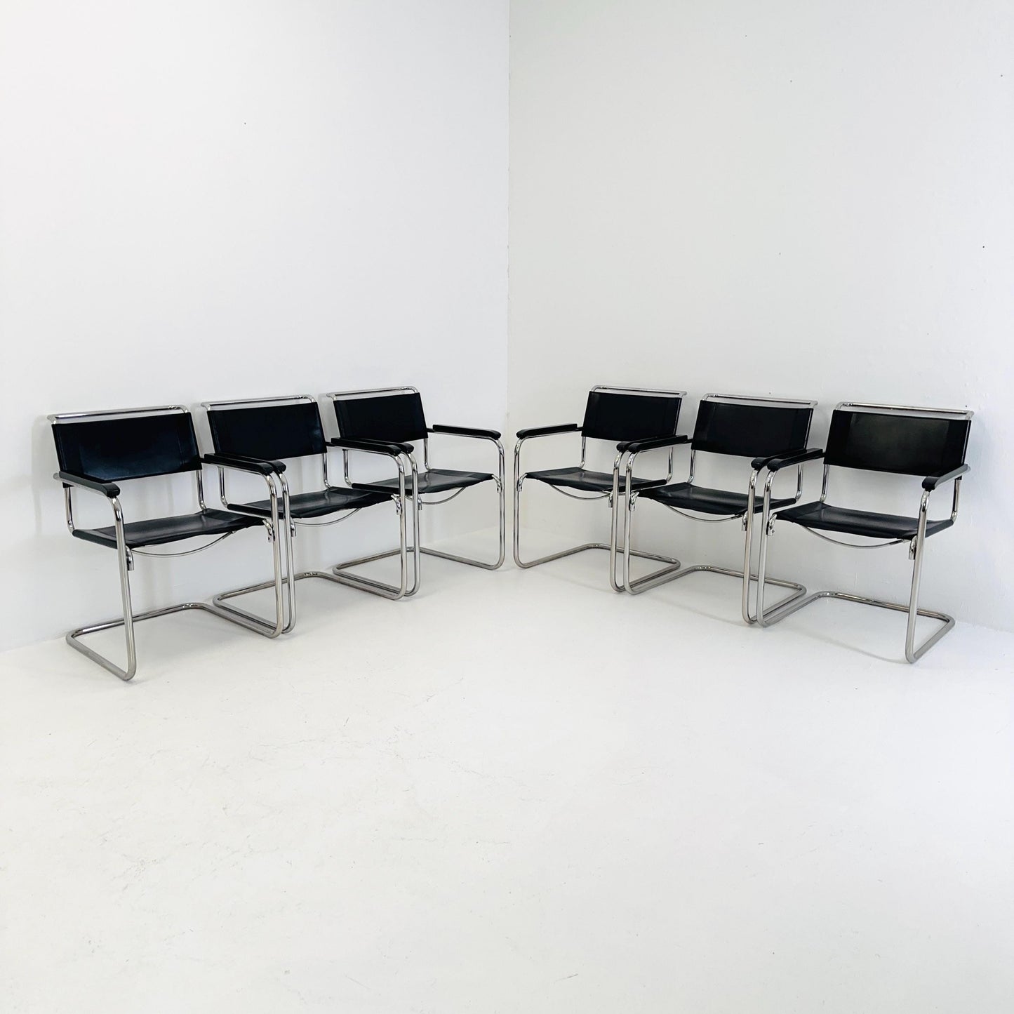 Set of 6 Bauhaus black leather iconic armchairs by mart Stam for Thonet 1980s