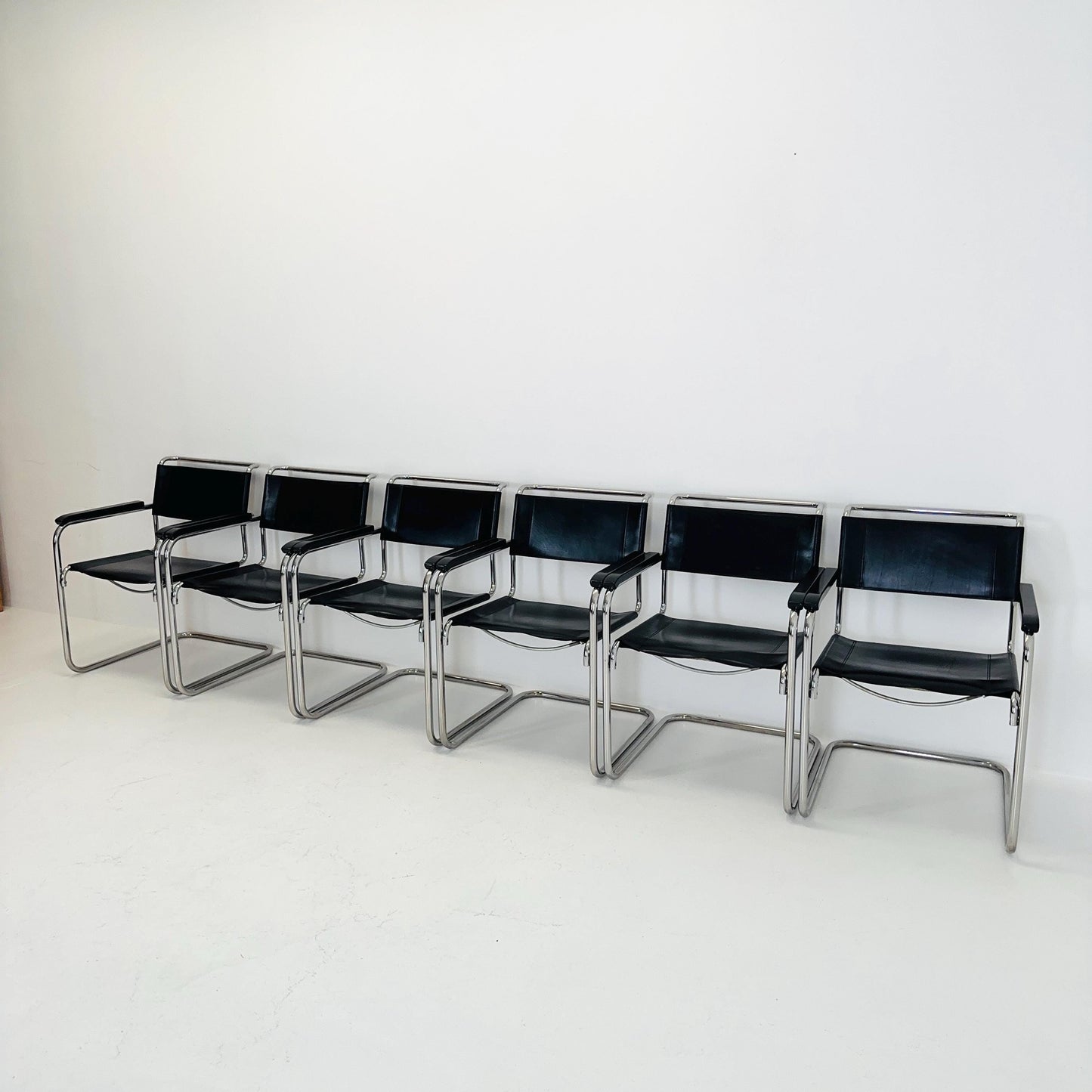Set of 6 Bauhaus black leather iconic armchairs by mart Stam for Thonet 1980s