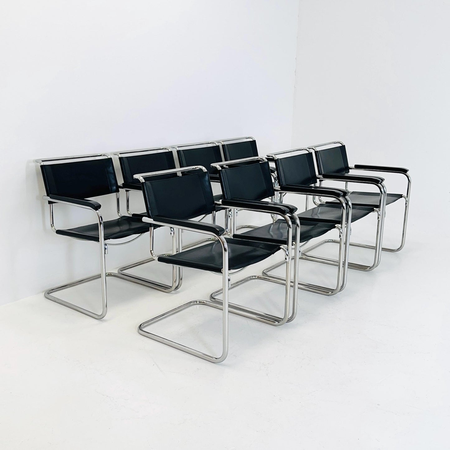 Set of 8 Bauhaus black leather iconic armchairs by mart Stam for Thonet 1980s