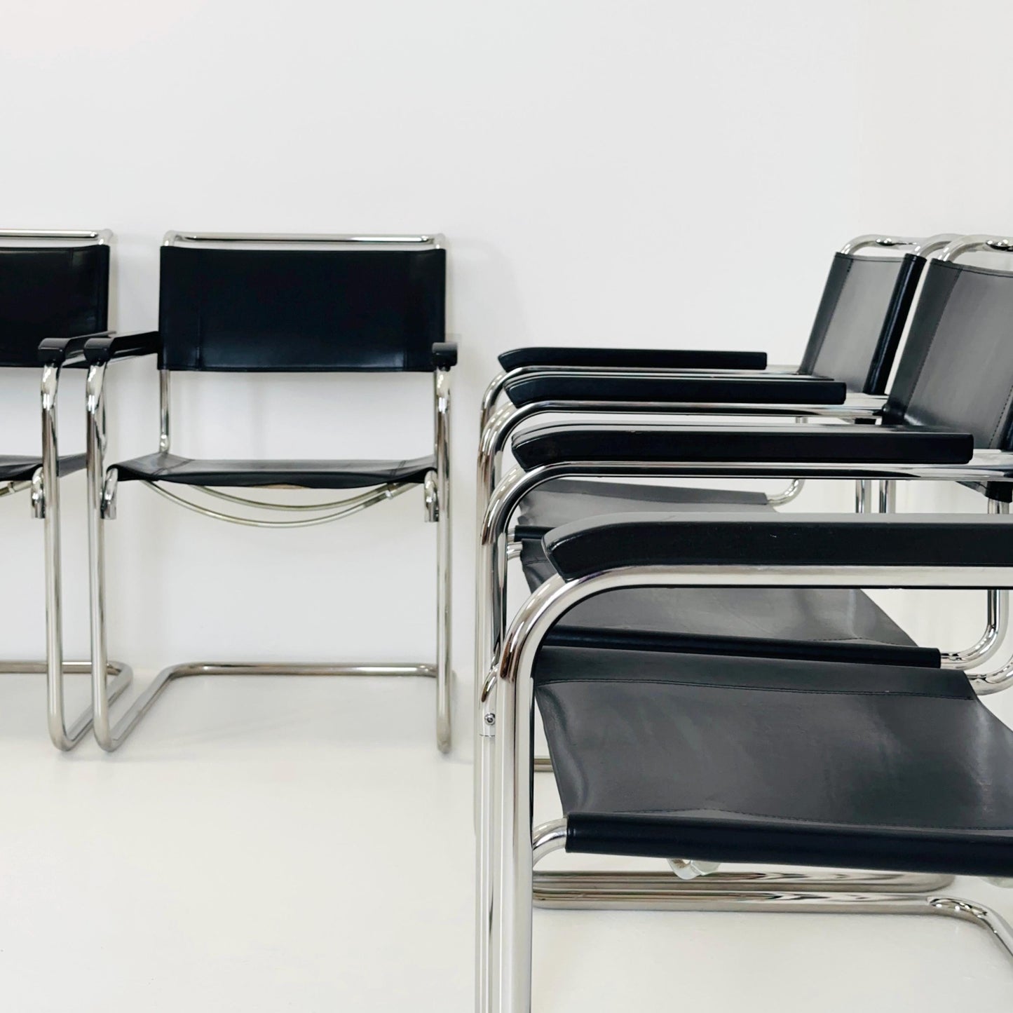 Set of 8 Bauhaus black leather iconic armchairs by mart Stam for Thonet 1980s