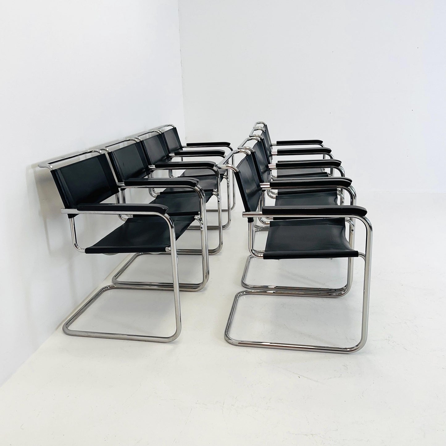 Set of 8 Bauhaus black leather iconic armchairs by mart Stam for Thonet 1980s