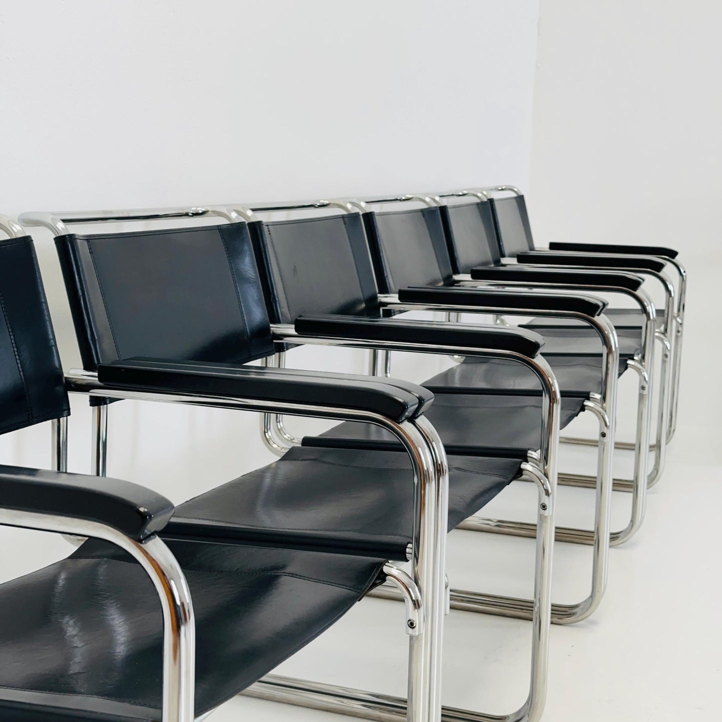 Set of 10 Bauhaus black leather iconic armchairs by mart Stam for Thonet 1980s